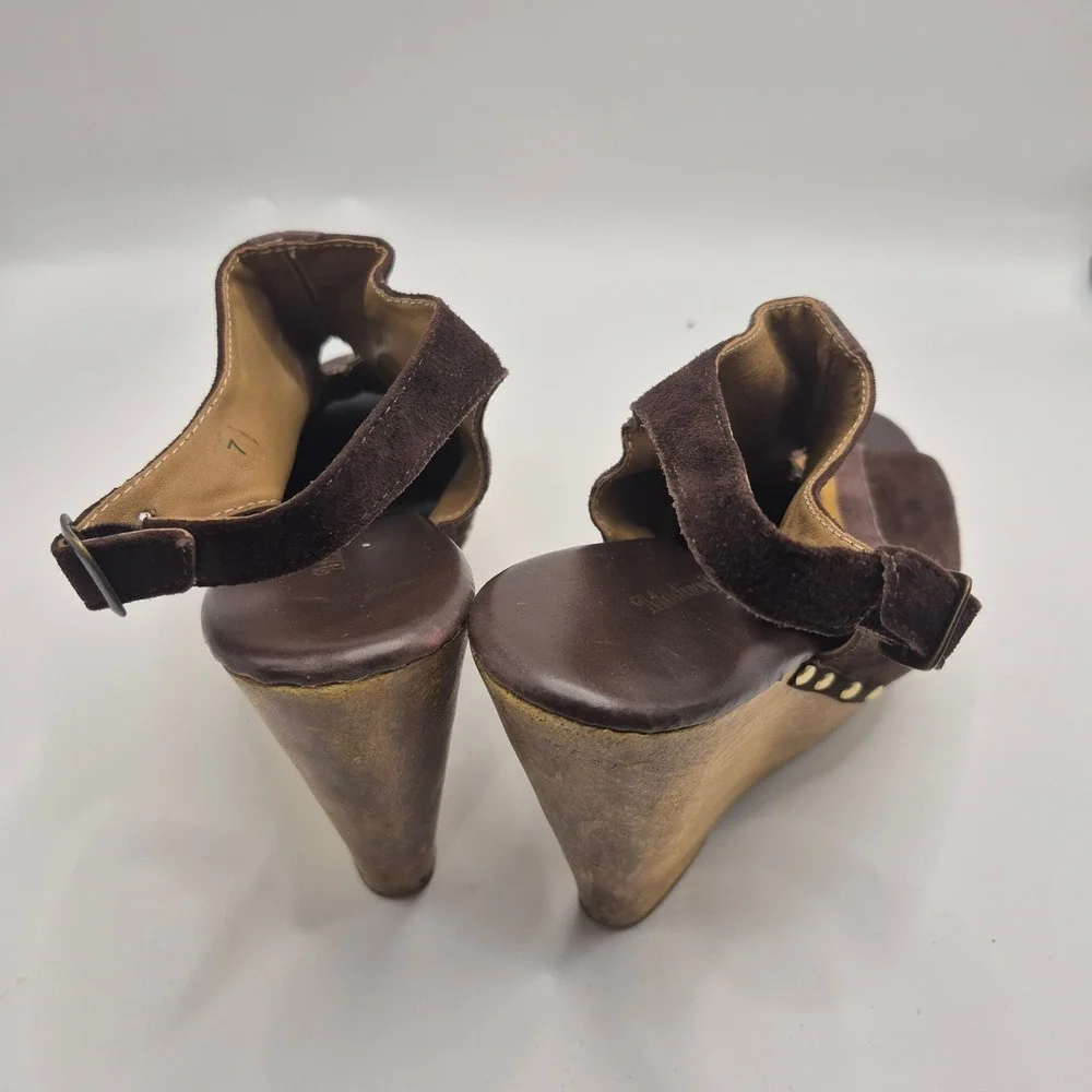 Madison Harding Brown Suede Patchwork Wooden Platform Wedge Sandals Womens 7